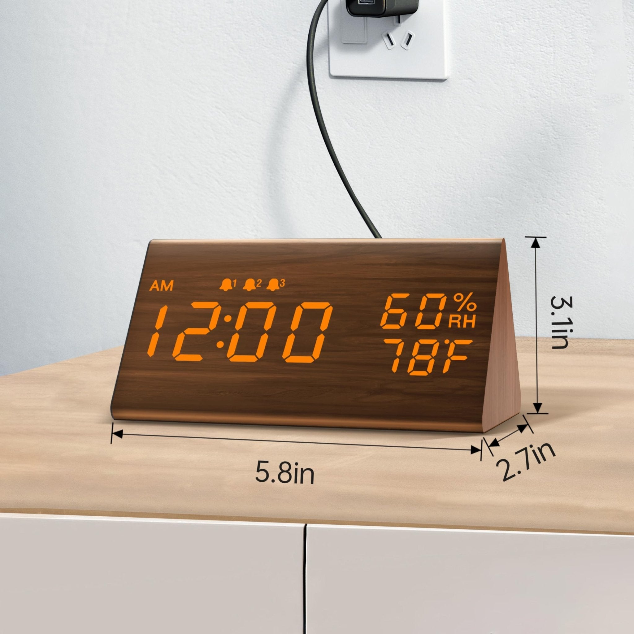 JALL Digital Alarm Clock, with Wooden Electronic LED Time Display, 3 Alarm Settings, Humidity & Temperature Detect, Wood Made Electric Clocks for Bedroom, Bedside (Brown) - eighttwentytwo92