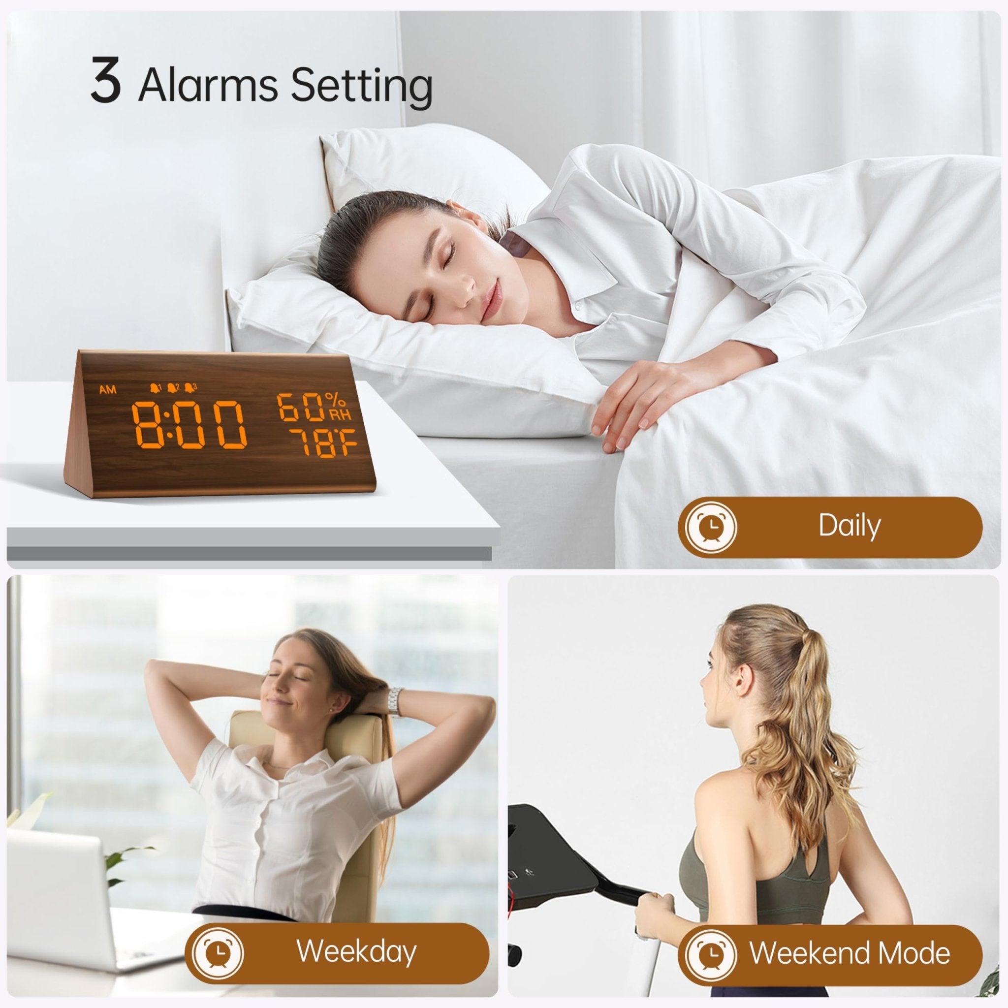 JALL Digital Alarm Clock, with Wooden Electronic LED Time Display, 3 Alarm Settings, Humidity & Temperature Detect, Wood Made Electric Clocks for Bedroom, Bedside (Brown) - eighttwentytwo92