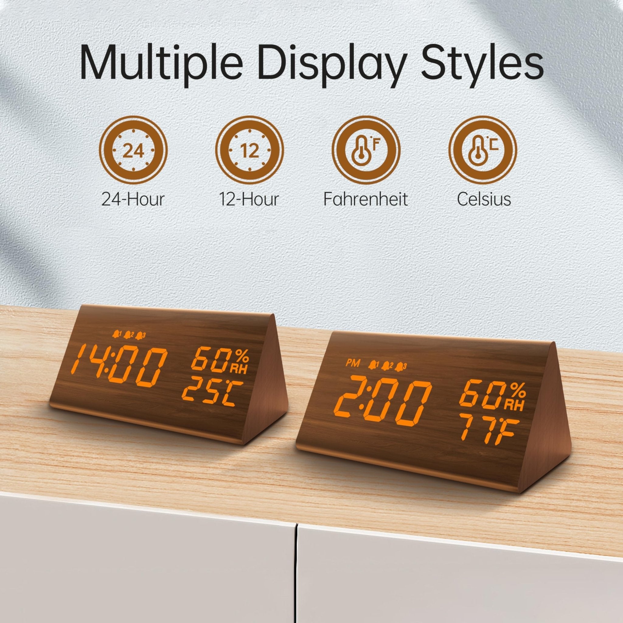 JALL Digital Alarm Clock, with Wooden Electronic LED Time Display, 3 Alarm Settings, Humidity & Temperature Detect, Wood Made Electric Clocks for Bedroom, Bedside (Brown) - eighttwentytwo92