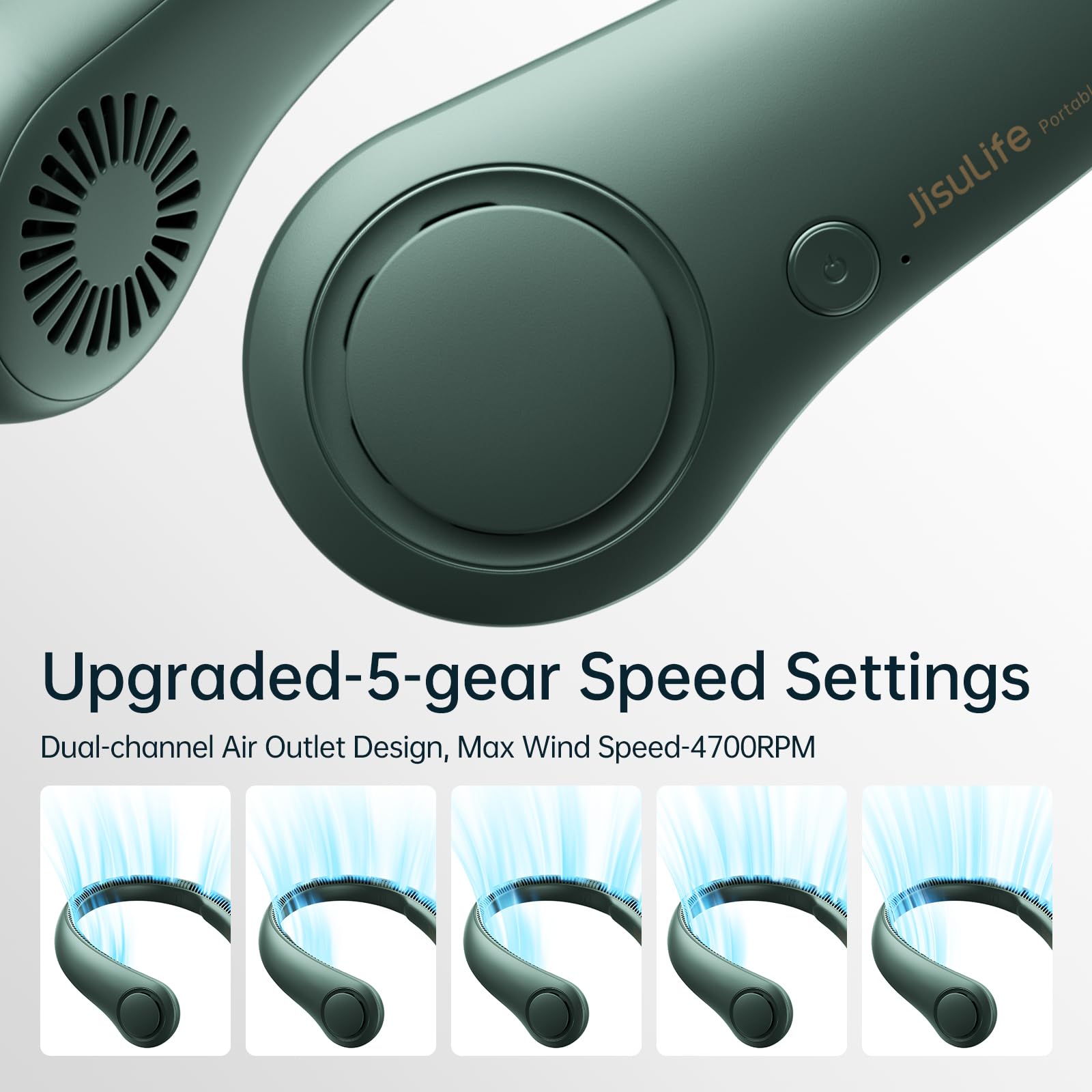 JISULIFE Portable Neck Fan, Hands Free Bladeless Fan, 5 Speeds, 4000 mAh Battery Operated Wearable Personal Fan, Twistable, Rechargeable, Gift for Women Men - Dark Green - eighttwentytwo92