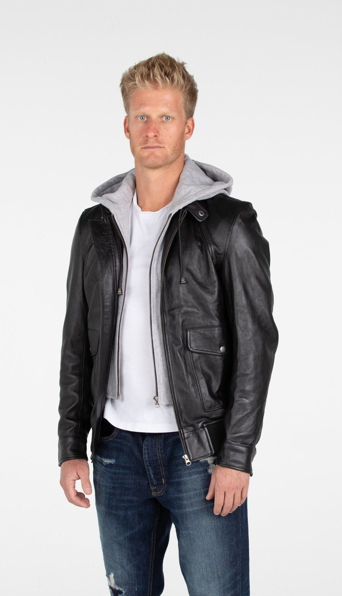Men's Lambskin Hooded Leather Bomber Jacket - eighttwentytwo92
