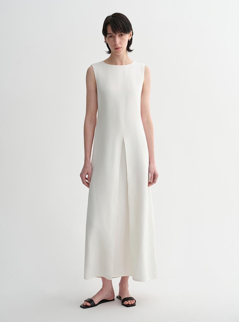 Mulberry Silk Sleeveless Round Neck Oblique Pleated A - Line White Dress - eighttwentytwo92