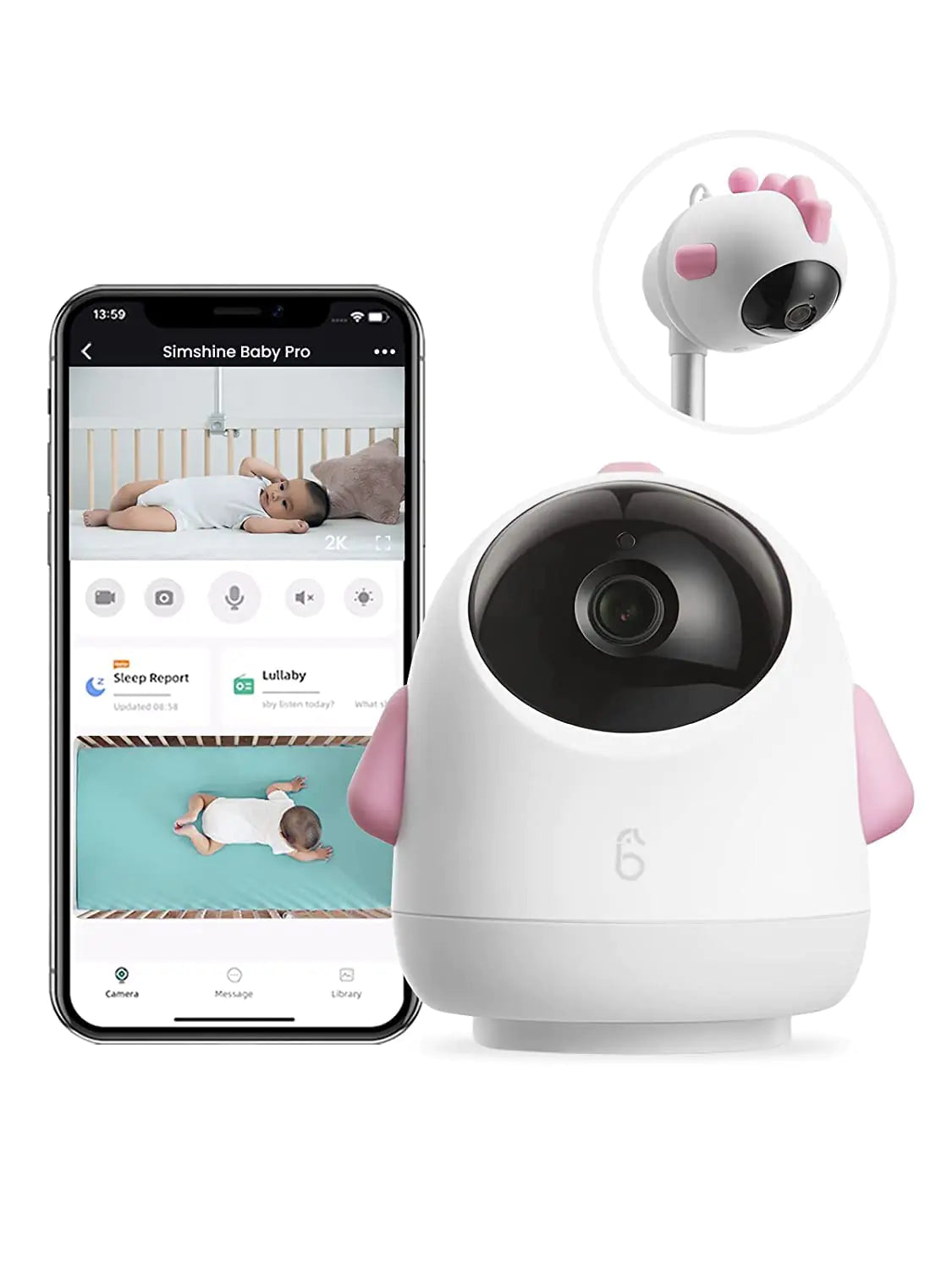 Simshine Smart Baby Monitor WiFi Smartphone AI Cry Soothing Lullaby Sleep Breathing Analysis 2K UHD Video Camera 2-Way Talk Night Vision Virtual Fence