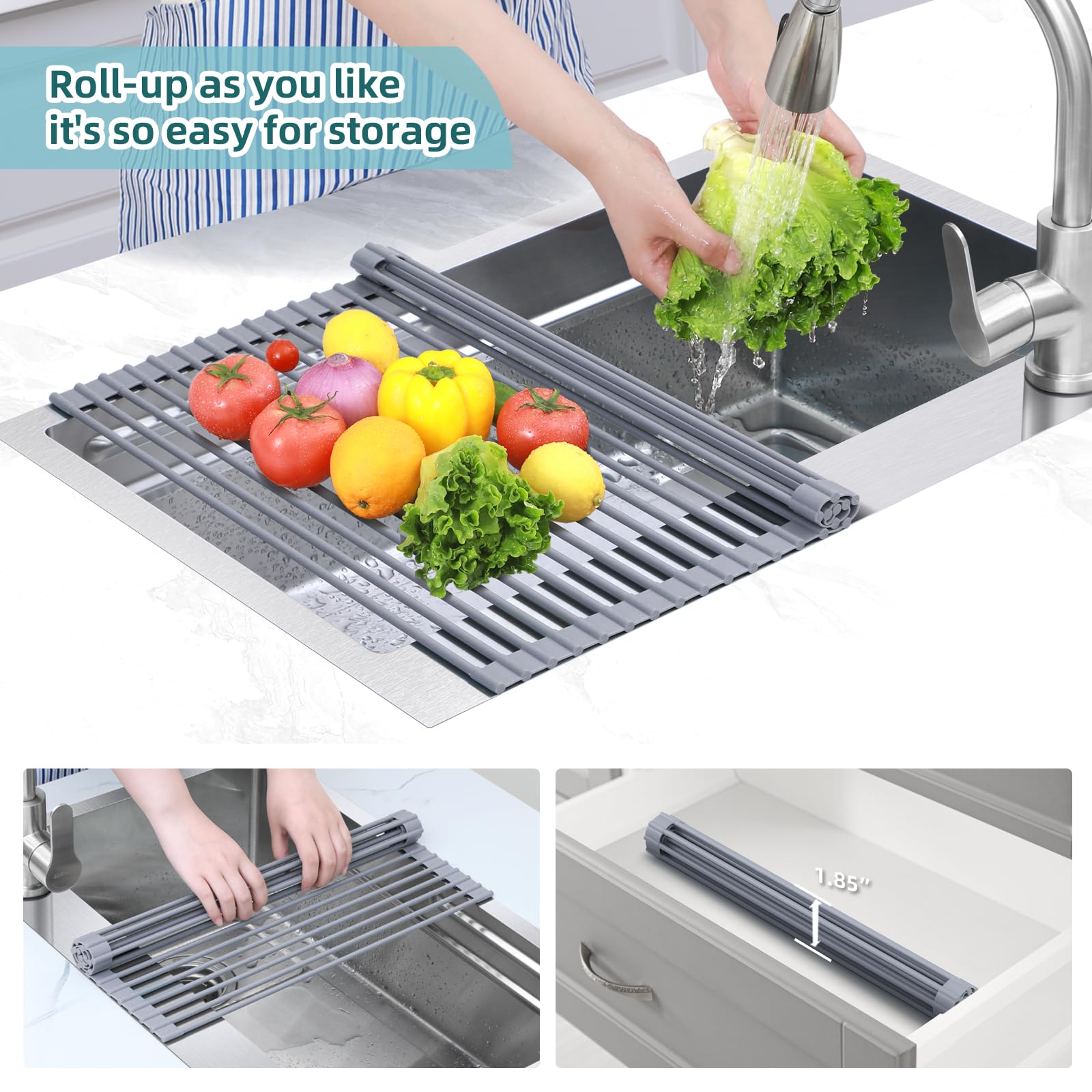 Ohuhu Over Sink Dish Drying Rack, Silicone Wrapped 17.6" W x 15.4" L Large Over The Sink Roll Up Dish Drainer - Foldable Sink Drying Rack Rolling Drain Mats Anti - Slip Multipurpose for Kitchen Counter - eighttwentytwo92