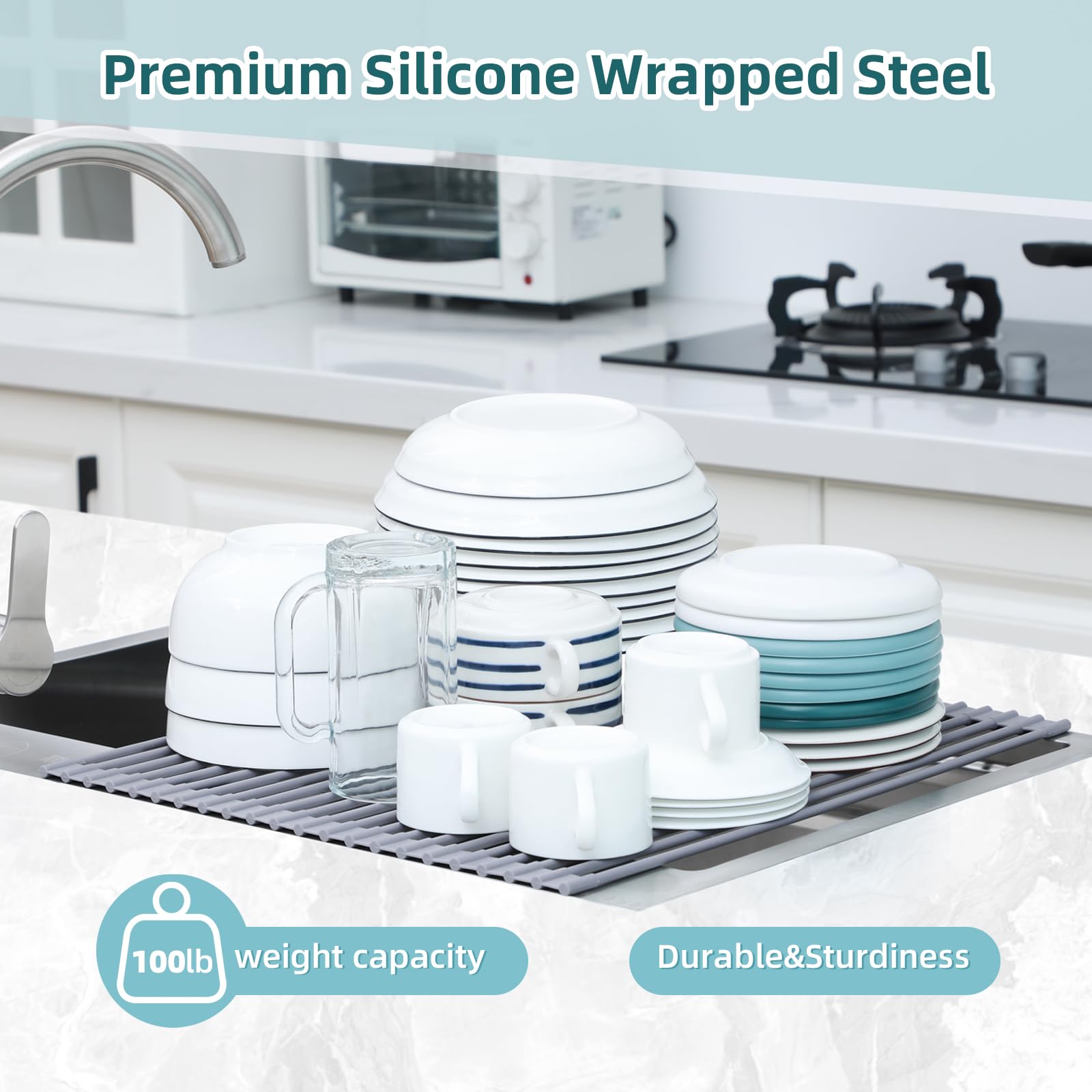 Ohuhu Over Sink Dish Drying Rack, Silicone Wrapped 17.6" W x 15.4" L Large Over The Sink Roll Up Dish Drainer - Foldable Sink Drying Rack Rolling Drain Mats Anti - Slip Multipurpose for Kitchen Counter - eighttwentytwo92