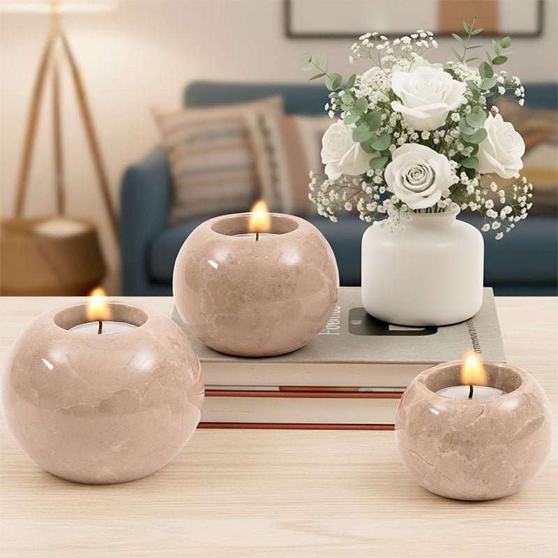 Polished Marble Tealight Candle Holders – Set of 3 Elegant Stone Decor - eighttwentytwo92