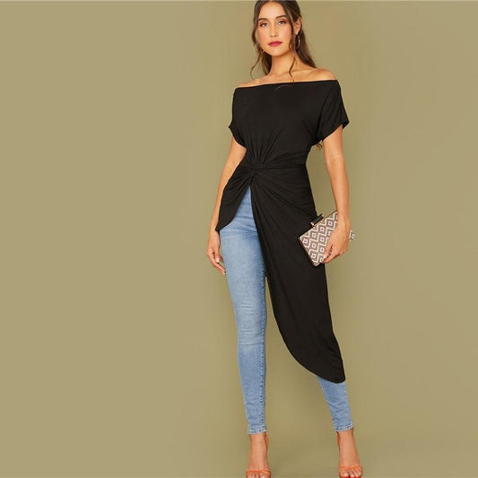 Transform your casual wardrobe with our sophisticated Black Asymmetrical Twist Off-Shoulder Top.