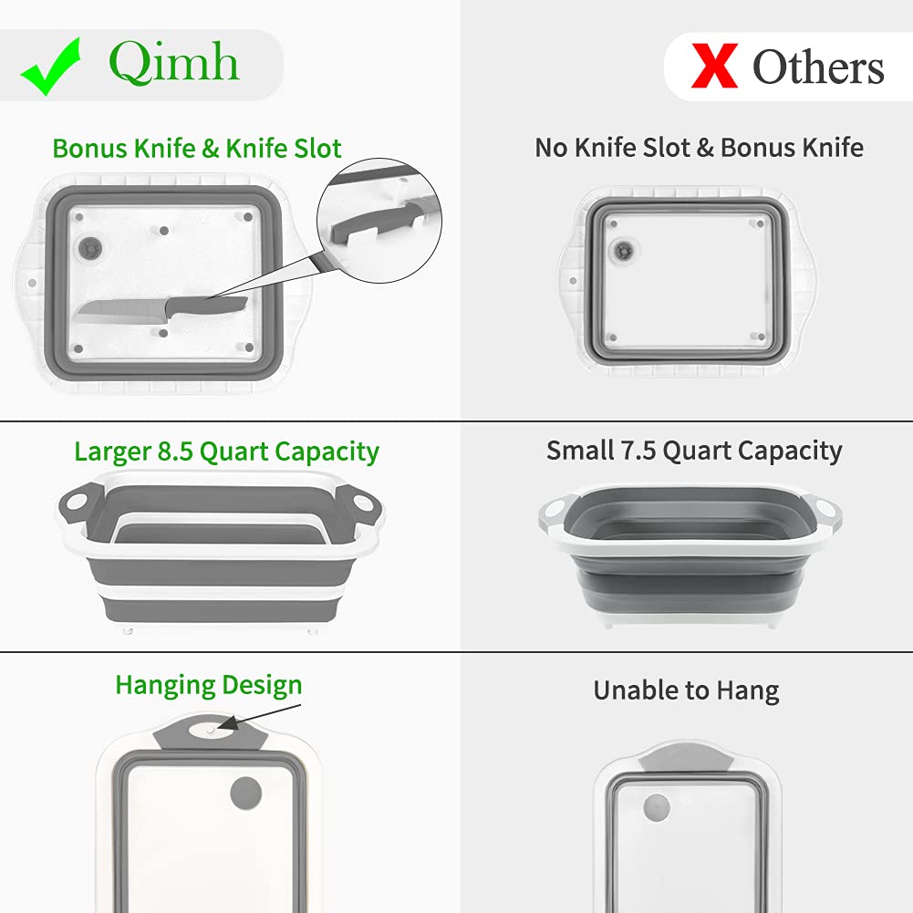 QiMH Collapsible Cutting Board - Foldable Multi - function Dish Tub - Washing and Draining Veggies Fruits Food Grade Sink Storage Basket(8.5 Quart) - New Kitchen and Camping Essentials(Knife Included) - eighttwentytwo92