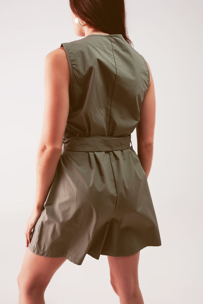 Embrace effortless urban style with our Versatile Sleeveless Belted Jumpsuit in Khaki.