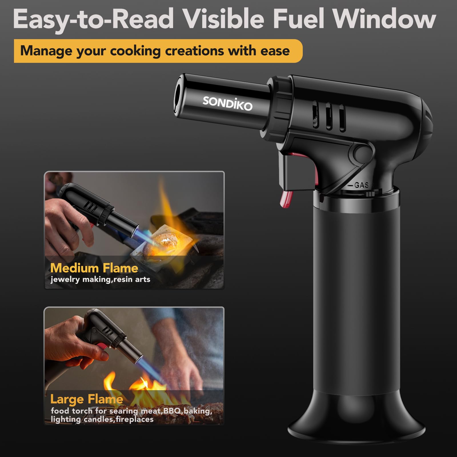 Sondiko Butane Torch Lighter with Visible Fuel Window, Refillable Soldering Torch with Adjustable Flame for Welding, Resin Art, Industrial(Butane Gas Not Included) - eighttwentytwo92
