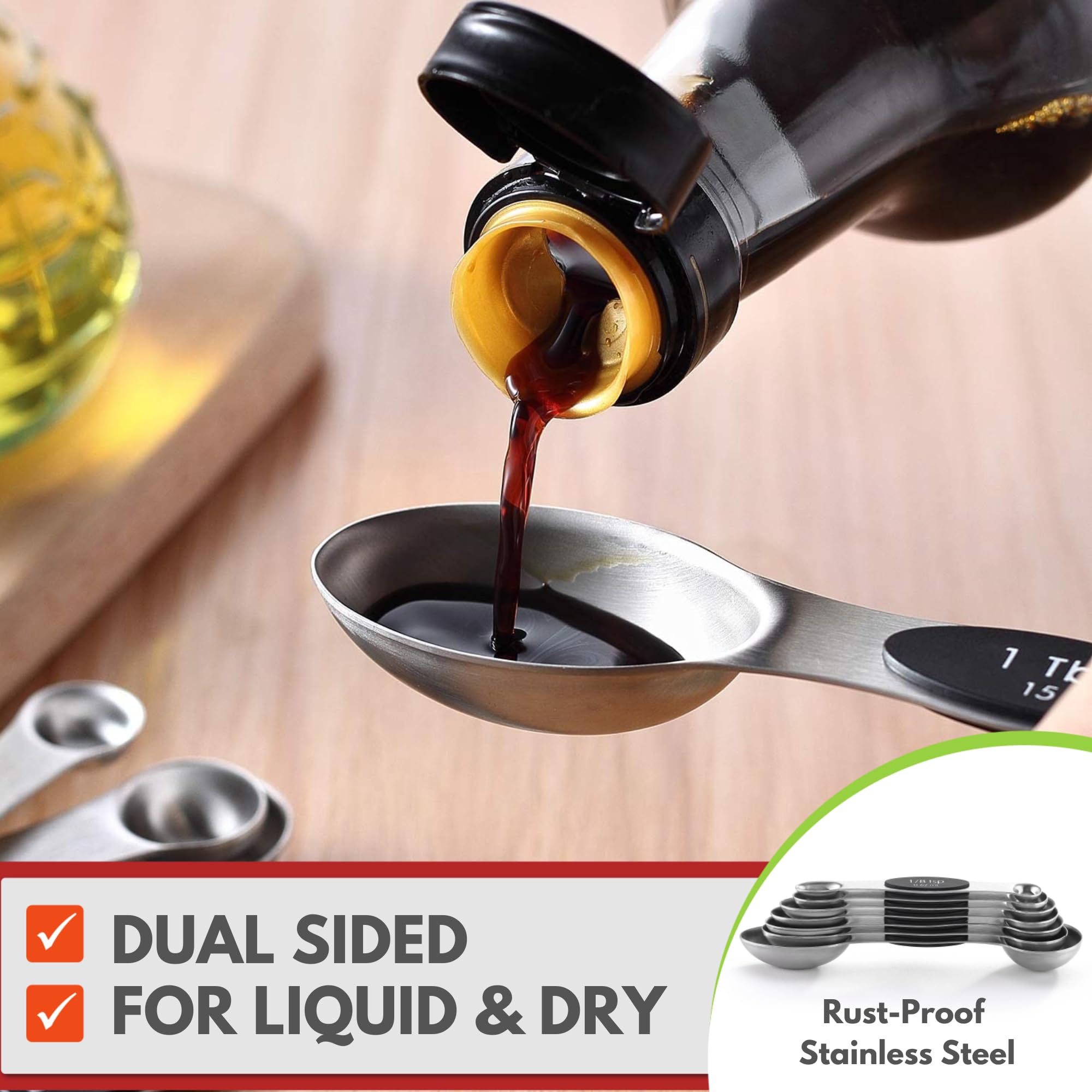 Spring Chef Stainless Steel Magnetic Measuring Spoons Set with Strong N45 Magnets, Heavy Duty Metal Kitchen Gadgets for Baking & Cooking, Fits in Most Kitchen Spice Jars, Set of 8 with Leveler, Black - eighttwentytwo92