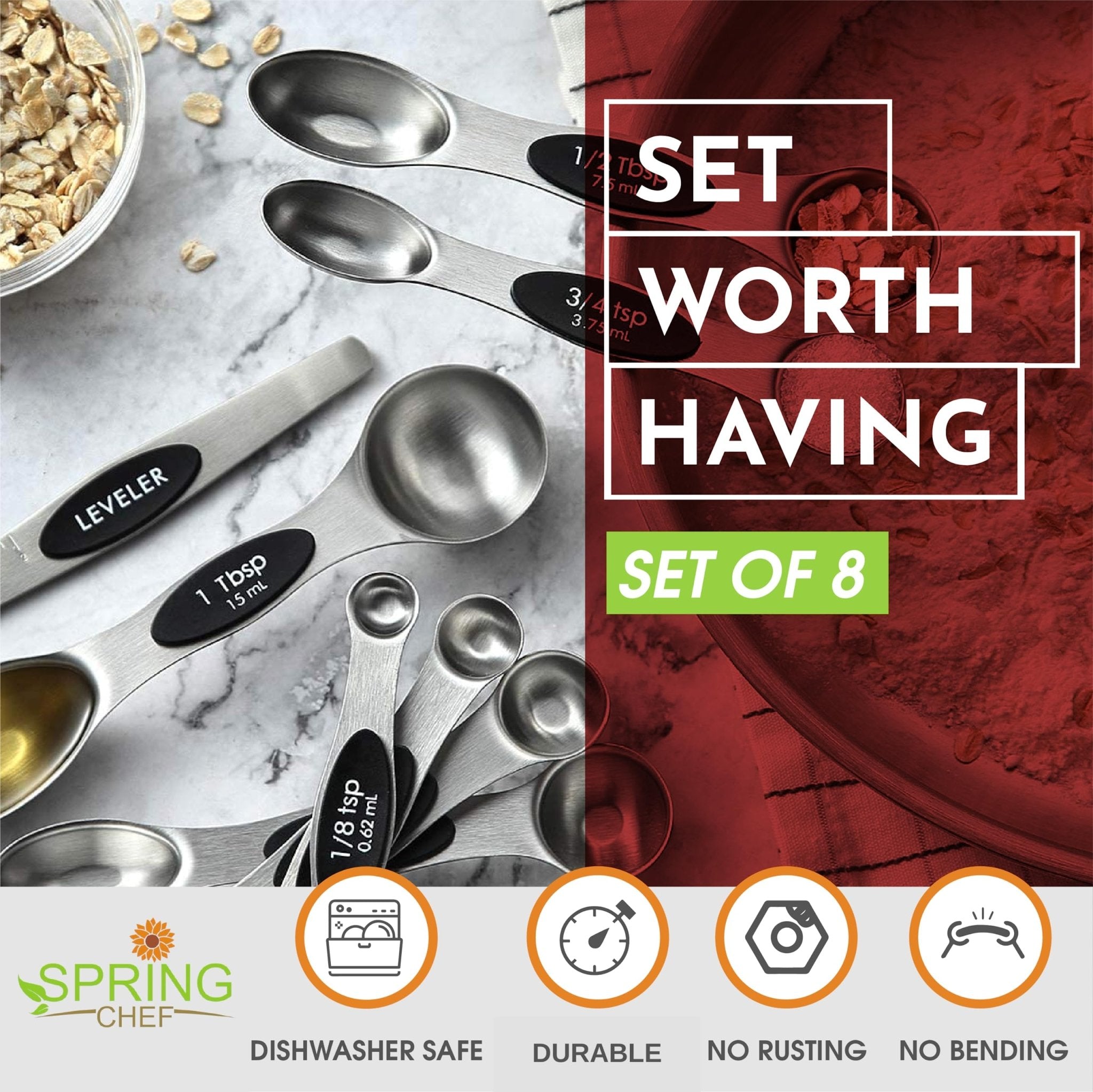 Spring Chef Stainless Steel Magnetic Measuring Spoons Set with Strong N45 Magnets, Heavy Duty Metal Kitchen Gadgets for Baking & Cooking, Fits in Most Kitchen Spice Jars, Set of 8 with Leveler, Black - eighttwentytwo92
