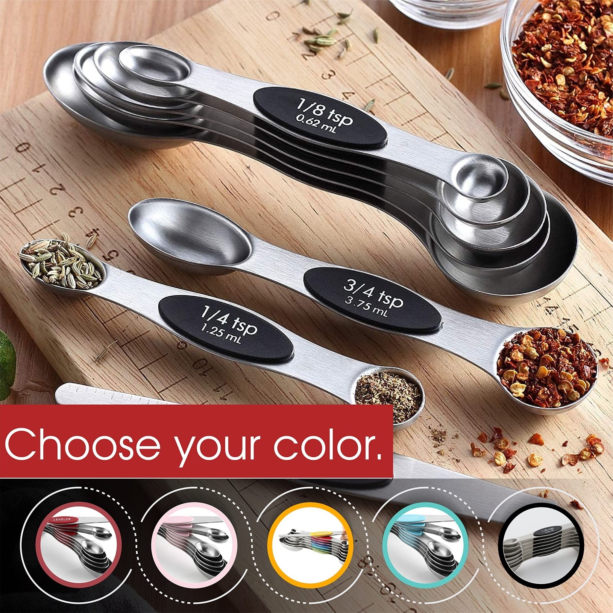 Spring Chef Stainless Steel Magnetic Measuring Spoons Set with Strong N45 Magnets, Heavy Duty Metal Kitchen Gadgets for Baking & Cooking, Fits in Most Kitchen Spice Jars, Set of 8 with Leveler, Black - eighttwentytwo92