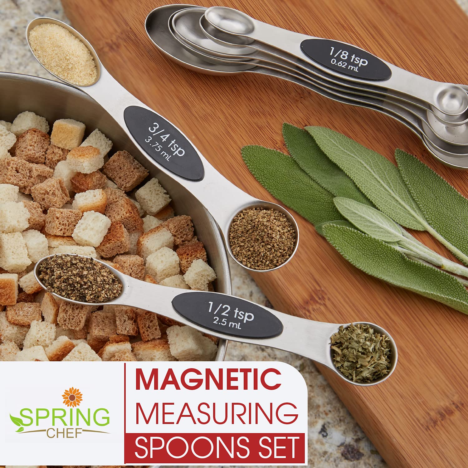 Spring Chef Stainless Steel Magnetic Measuring Spoons Set with Strong N45 Magnets, Heavy Duty Metal Kitchen Gadgets for Baking & Cooking, Fits in Most Kitchen Spice Jars, Set of 8 with Leveler, Black - eighttwentytwo92