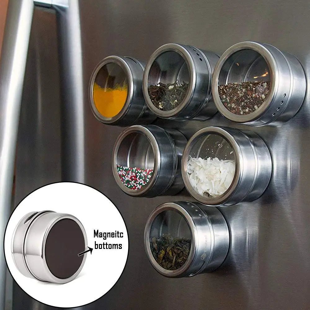 Stainless Steel Magnetic Spice Jars with Clear Lids & Labels – Space - Saving Magnetic Spice Containers - eighttwentytwo92