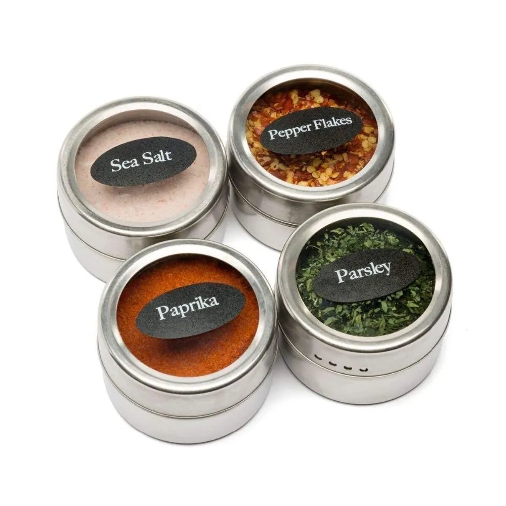 Stainless Steel Magnetic Spice Jars with Clear Lids & Labels – Space - Saving Magnetic Spice Containers - eighttwentytwo92