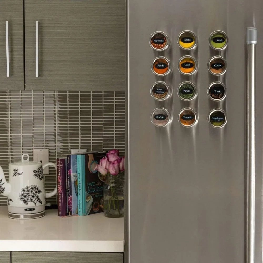 Stainless Steel Magnetic Spice Jars with Clear Lids & Labels – Space - Saving Magnetic Spice Containers - eighttwentytwo92