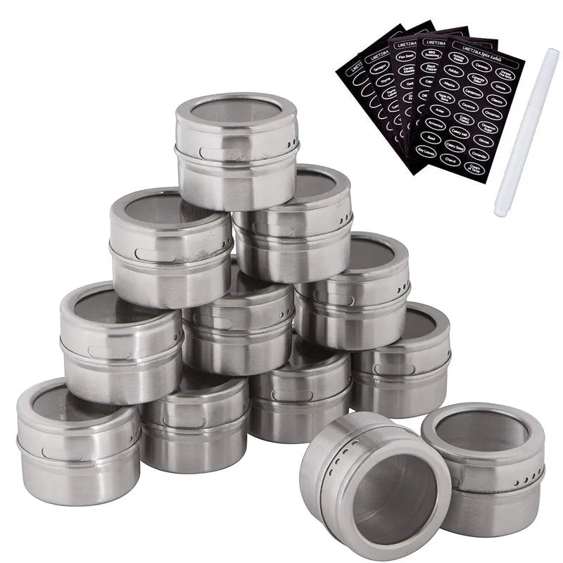 Stainless Steel Magnetic Spice Jars with Clear Lids & Labels – Space - Saving Magnetic Spice Containers - eighttwentytwo92