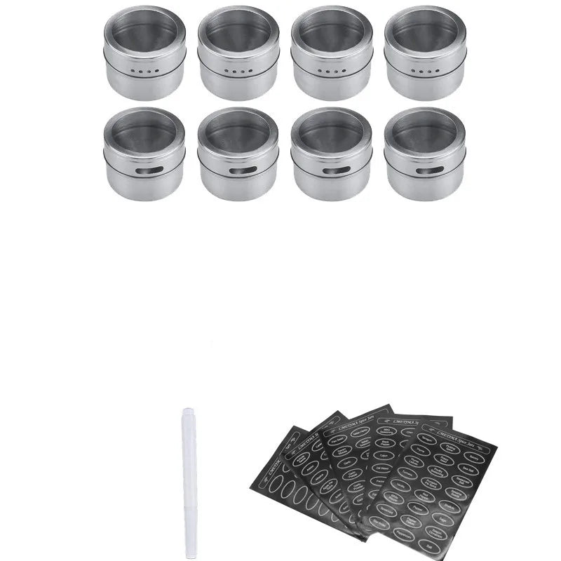 Stainless Steel Magnetic Spice Jars with Clear Lids & Labels – Space - Saving Magnetic Spice Containers - eighttwentytwo92