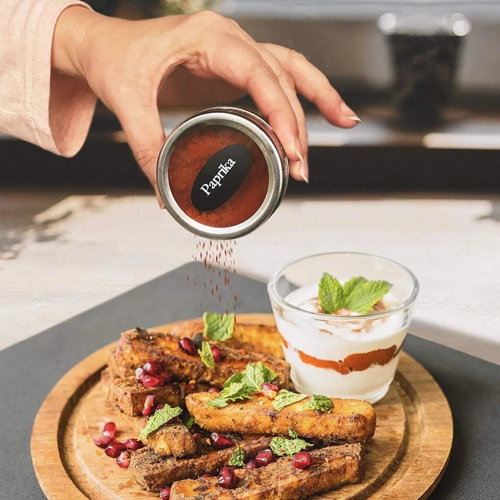 Stainless Steel Magnetic Spice Jars with Clear Lids & Labels – Space - Saving Magnetic Spice Containers - eighttwentytwo92