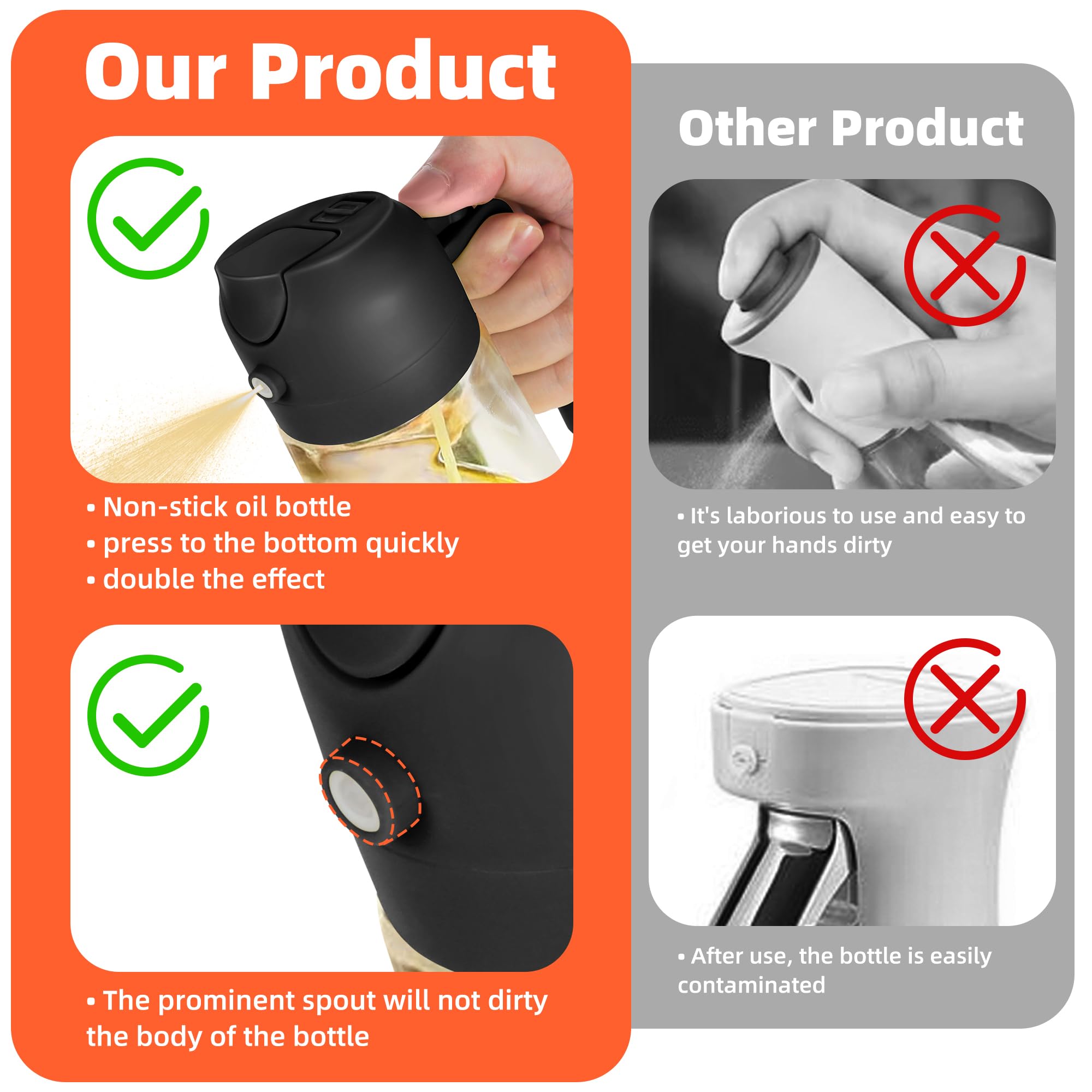 TrendPlain 16oz/470ml Glass Olive Oil Sprayer for Cooking – 2 in 1 Olive Oil Dispenser Bottle for Kitchen Gadgets and Air Fryer Accessories, Salad, BBQ - Black - eighttwentytwo92