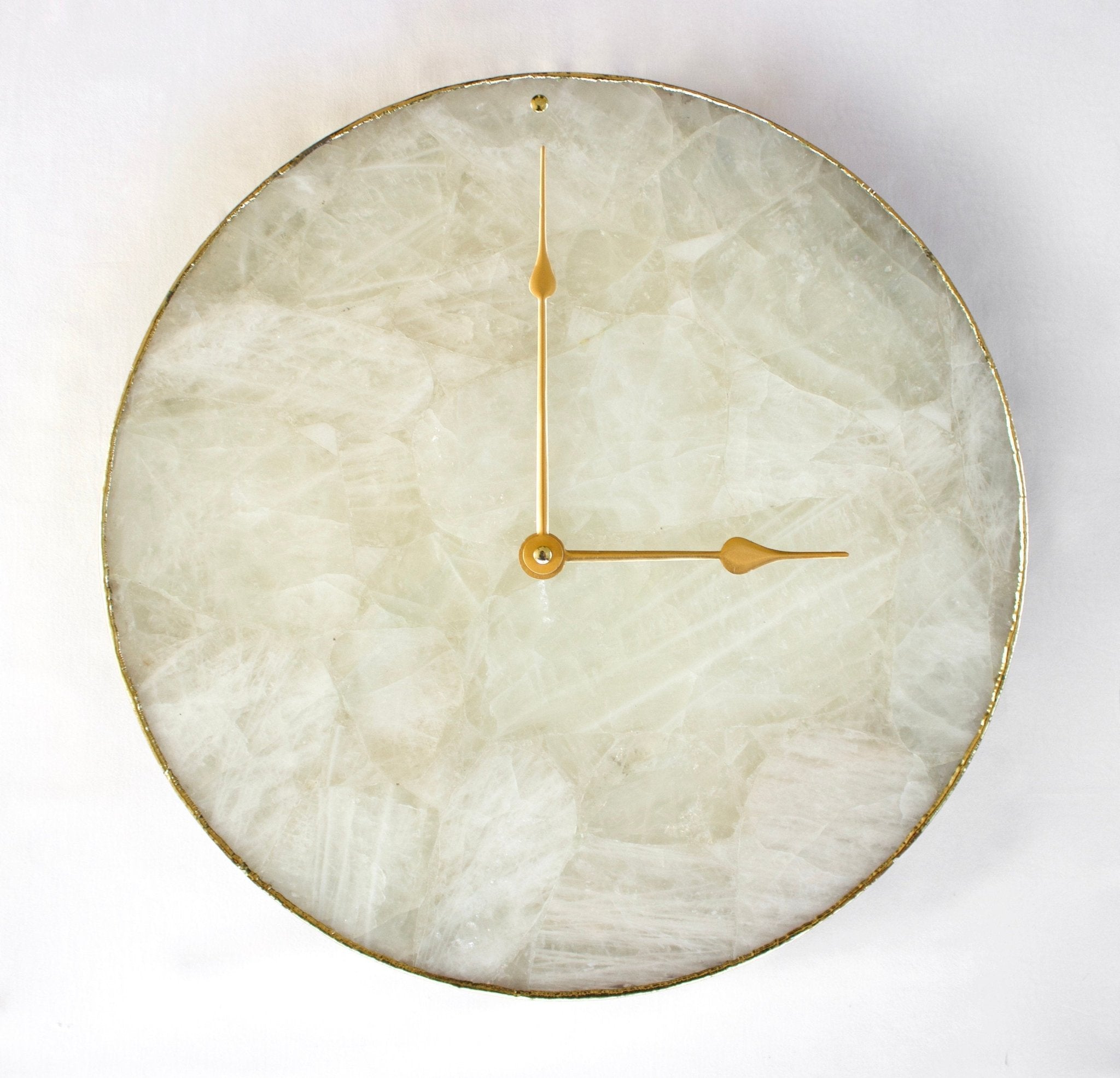 White Agate Circular Wall Clock – Luxury Natural Stone with Gold Rim (10–14") - eighttwentytwo92