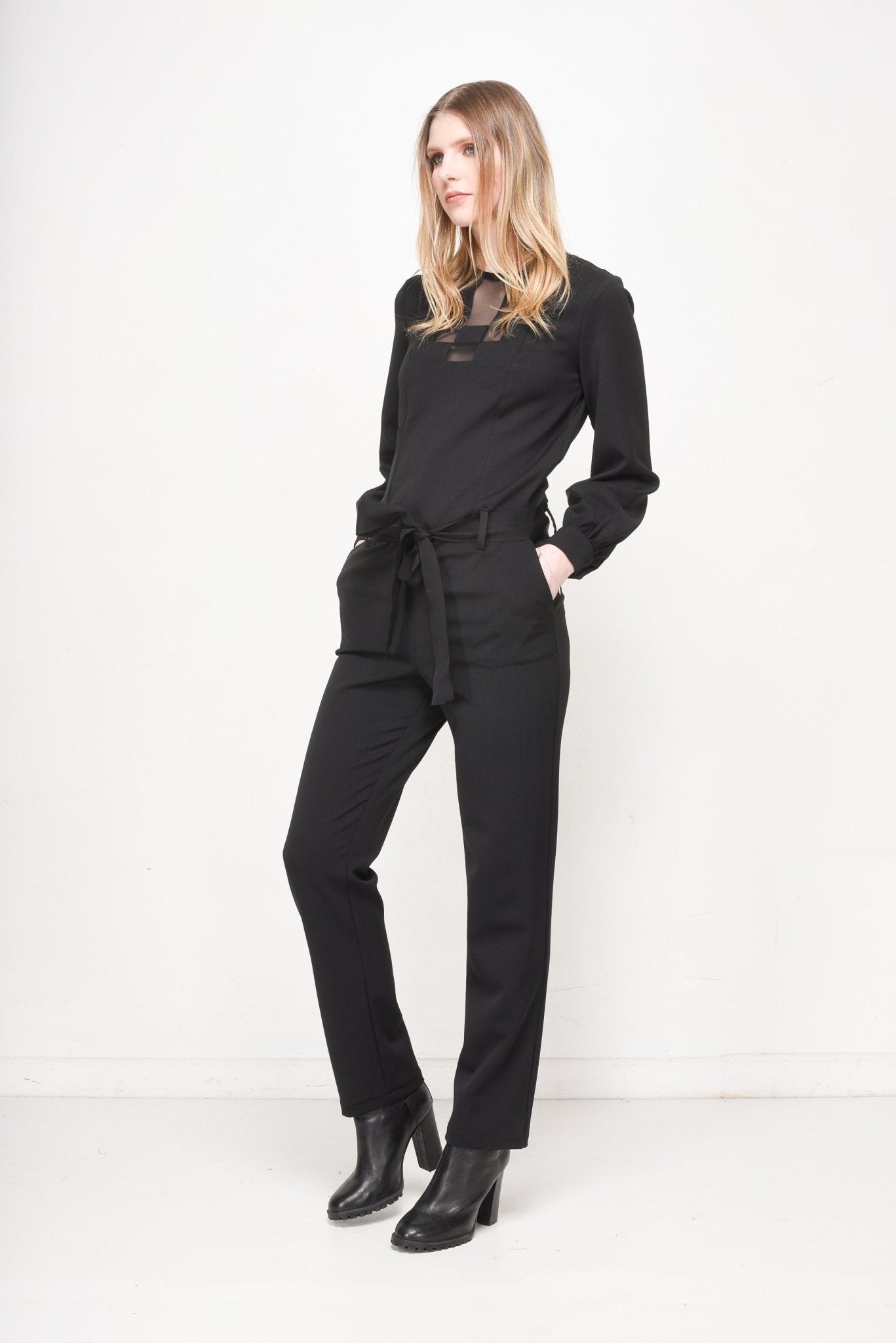 Women’s Black Long - Sleeve Tie - Waist Jumpsuit – Elegant Formal Wear - eighttwentytwo92